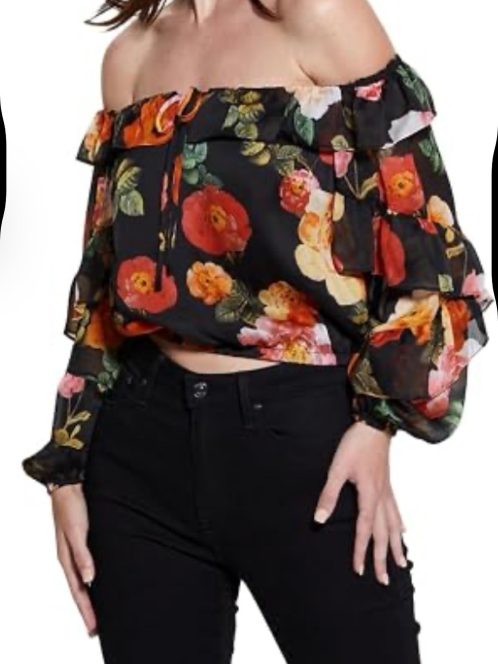 Guess Floral Ruffle Off The Shoulder Crop Top Blouse Black Size S